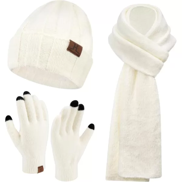 Womens Winter Warm Knit Beanie Hat Touchscreen Gloves Long Neck Scarf Set with Fleece Lined Skull Caps Gifts for Women Men White