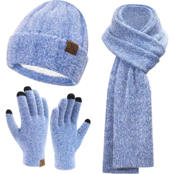 Womens Winter Warm Knit Beanie Hat Touchscreen Gloves Long Neck Scarf Set with Fleece Lined Skull Caps Gifts for Women MenBlue