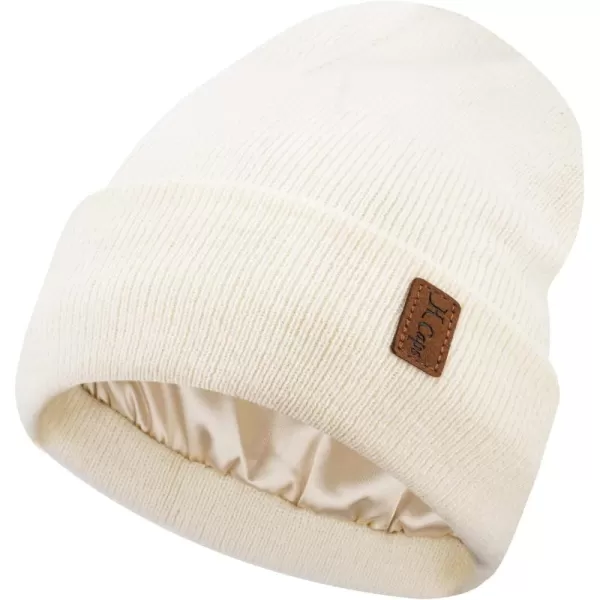 Womens Winter Warm Satin Lined Knit Beanie Hat Slouchy Skull Caps Silk Lining Ski Hats for Women MenBeige