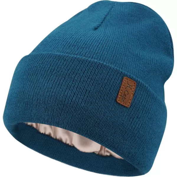 Womens Winter Warm Satin Lined Knit Beanie Hat Slouchy Skull Caps Silk Lining Ski Hats for Women MenBlue