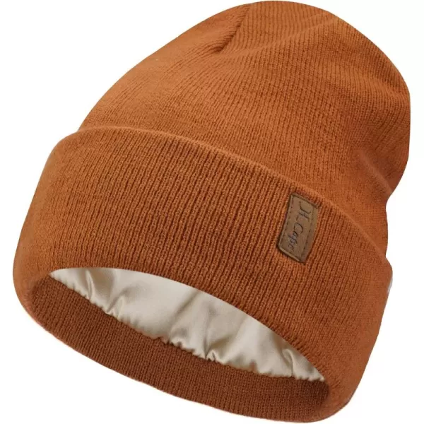 Womens Winter Warm Satin Lined Knit Beanie Hat Slouchy Skull Caps Silk Lining Ski Hats for Women MenDark Orange