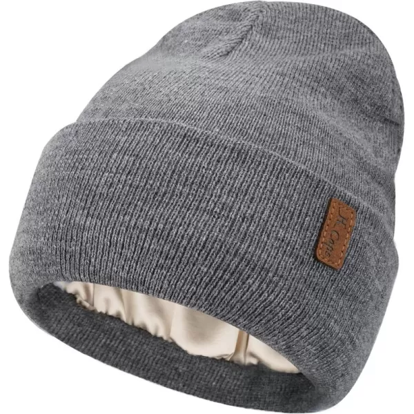 Womens Winter Warm Satin Lined Knit Beanie Hat Slouchy Skull Caps Silk Lining Ski Hats for Women MenGray