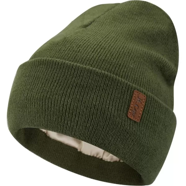 Womens Winter Warm Satin Lined Knit Beanie Hat Slouchy Skull Caps Silk Lining Ski Hats for Women MenGreen