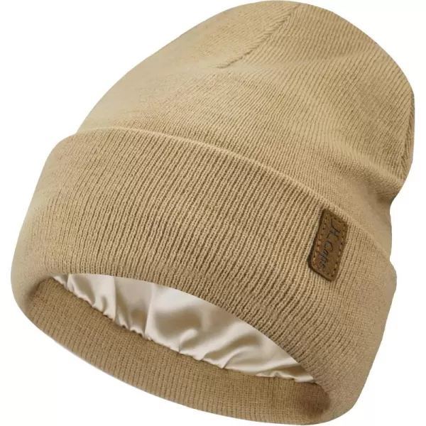 Womens Winter Warm Satin Lined Knit Beanie Hat Slouchy Skull Caps Silk Lining Ski Hats for Women MenKhaki