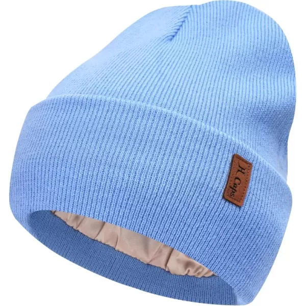 Womens Winter Warm Satin Lined Knit Beanie Hat Slouchy Skull Caps Silk Lining Ski Hats for Women MenLight Blue