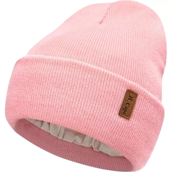 Womens Winter Warm Satin Lined Knit Beanie Hat Slouchy Skull Caps Silk Lining Ski Hats for Women MenPink