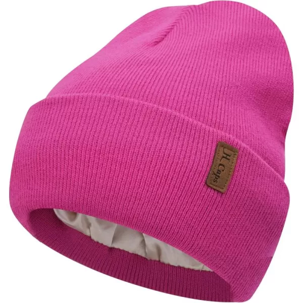Womens Winter Warm Satin Lined Knit Beanie Hat Slouchy Skull Caps Silk Lining Ski Hats for Women MenRose Red