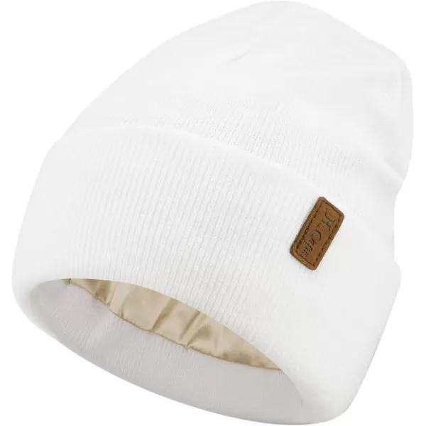 Womens Winter Warm Satin Lined Knit Beanie Hat Slouchy Skull Caps Silk Lining Ski Hats for Women MenWhite