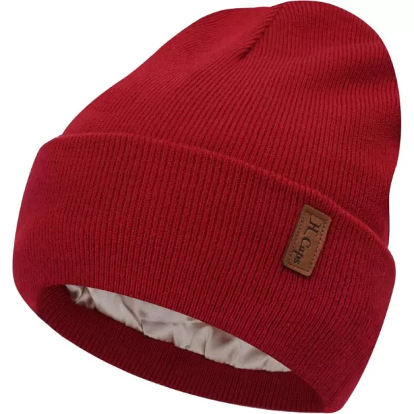 Womens Winter Warm Satin Lined Knit Beanie Hat Slouchy Skull Caps Silk Lining Ski Hats for Women MenWine Red