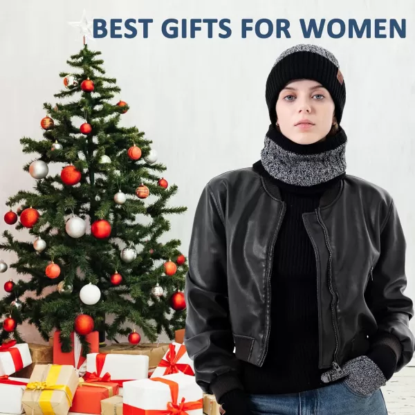 Mens Womens Winter Beanie Hats Touchscreen Gloves Neck Scarf Warmer Set Knit Skull Cap with Fleece Lined Gifts for Men WomenBlack White