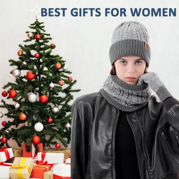 Mens Womens Winter Beanie Hats Touchscreen Gloves Neck Scarf Warmer Set Knit Skull Cap with Fleece Lined Gifts for Men WomenGrey White