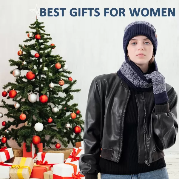 Mens Womens Winter Beanie Hats Touchscreen Gloves Neck Scarf Warmer Set Knit Skull Cap with Fleece Lined Gifts for Men WomenNavy White
