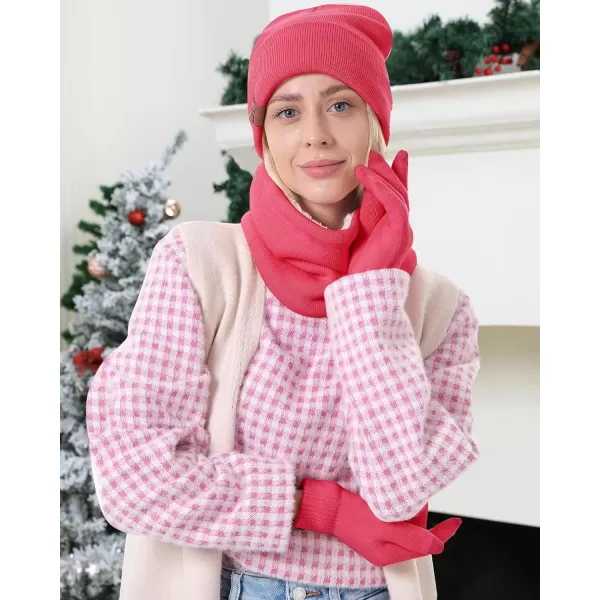 Winter Beanie Hat Scarf Touchscreen Gloves Set for Men and Women Beanie Gloves Neck Warmer Set with Warm Knit Fleece LinedHot Pink