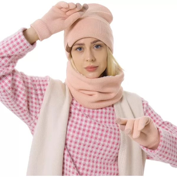 Winter Beanie Hat Scarf Touchscreen Gloves Set for Men and Women Beanie Gloves Neck Warmer Set with Warm Knit Fleece LinedPink
