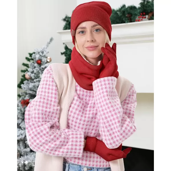 Winter Beanie Hat Scarf Touchscreen Gloves Set for Men and Women Beanie Gloves Neck Warmer Set with Warm Knit Fleece LinedRed