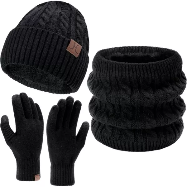 Mens Womens Winter Beanie Hats Touchscreen Gloves Neck Scarf Warmer Set Knit Skull Cap with Fleece Lined Gifts for Men WomenBlack