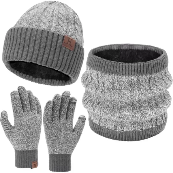 Mens Womens Winter Beanie Hats Touchscreen Gloves Neck Scarf Warmer Set Knit Skull Cap with Fleece Lined Gifts for Men WomenGrey White
