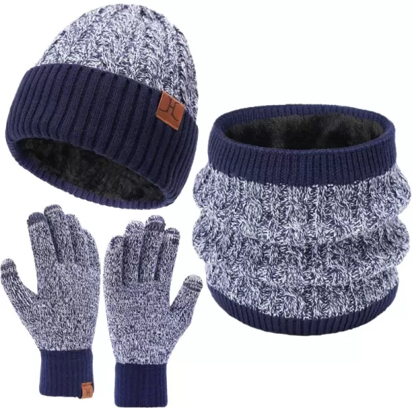Mens Womens Winter Beanie Hats Touchscreen Gloves Neck Scarf Warmer Set Knit Skull Cap with Fleece Lined Gifts for Men WomenNavy White