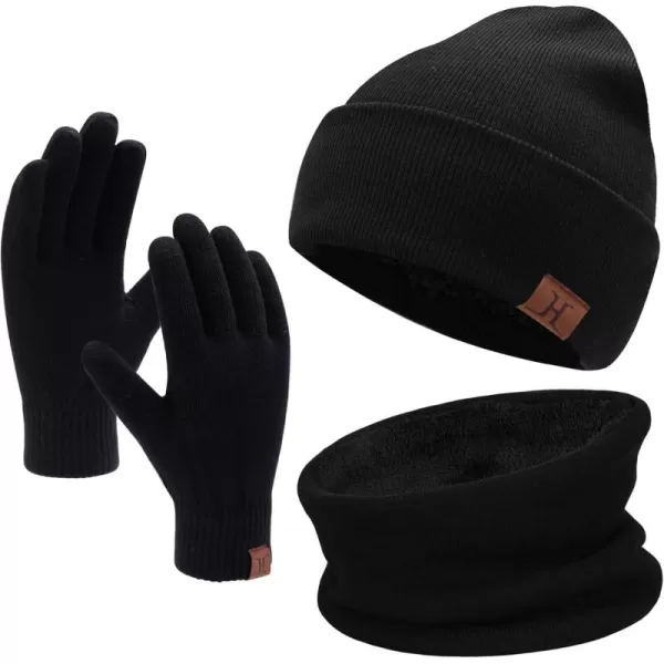 Winter Beanie Hat Scarf Touchscreen Gloves Set for Men and Women Beanie Gloves Neck Warmer Set with Warm Knit Fleece LinedBlack