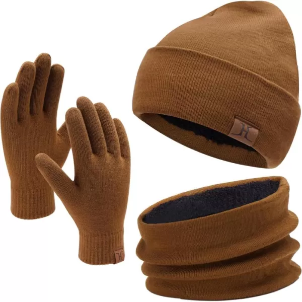 Winter Beanie Hat Scarf Touchscreen Gloves Set for Men and Women Beanie Gloves Neck Warmer Set with Warm Knit Fleece LinedBrown