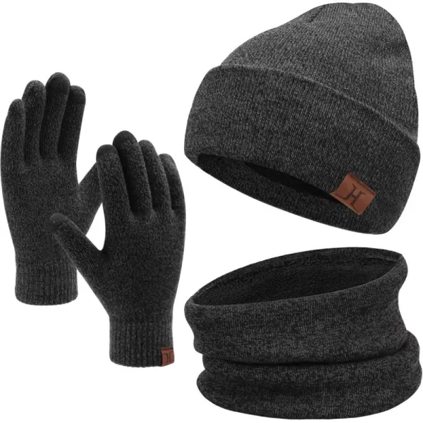 Winter Beanie Hat Scarf Touchscreen Gloves Set for Men and Women Beanie Gloves Neck Warmer Set with Warm Knit Fleece LinedDark Gray
