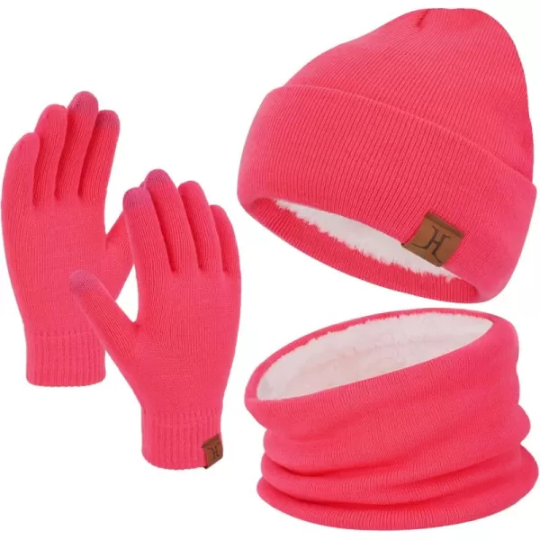 Winter Beanie Hat Scarf Touchscreen Gloves Set for Men and Women Beanie Gloves Neck Warmer Set with Warm Knit Fleece LinedHot Pink