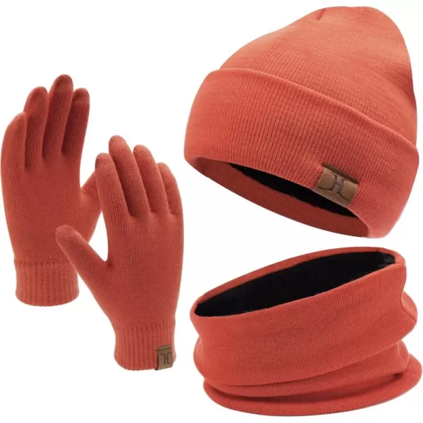 Winter Beanie Hat Scarf Touchscreen Gloves Set for Men and Women Beanie Gloves Neck Warmer Set with Warm Knit Fleece LinedOrange