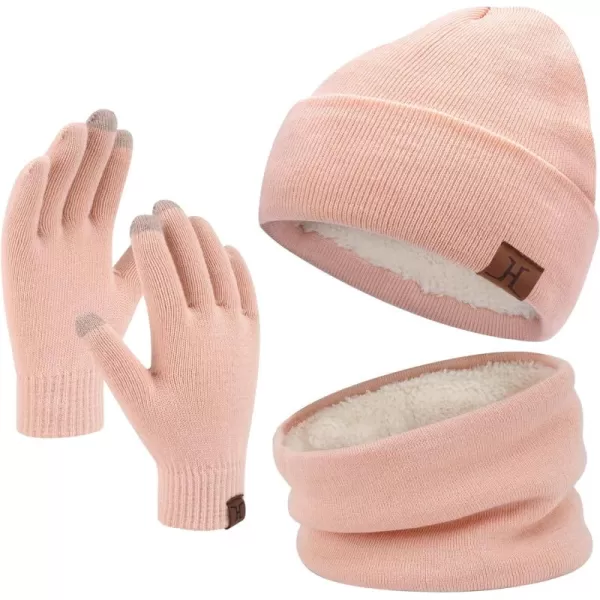 Winter Beanie Hat Scarf Touchscreen Gloves Set for Men and Women Beanie Gloves Neck Warmer Set with Warm Knit Fleece LinedPink