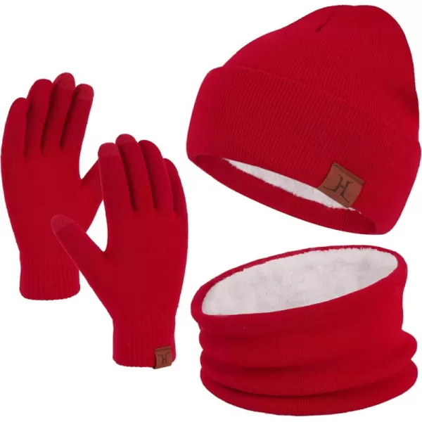 Winter Beanie Hat Scarf Touchscreen Gloves Set for Men and Women Beanie Gloves Neck Warmer Set with Warm Knit Fleece LinedRed