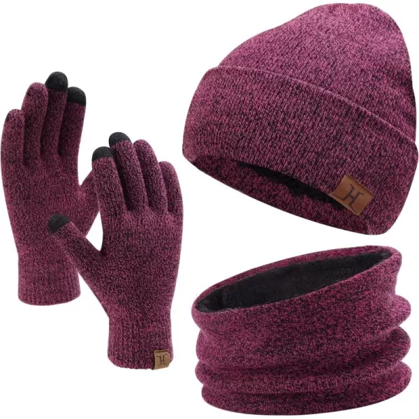 Winter Beanie Hat Scarf Touchscreen Gloves Set for Men and Women Beanie Gloves Neck Warmer Set with Warm Knit Fleece LinedRose Red