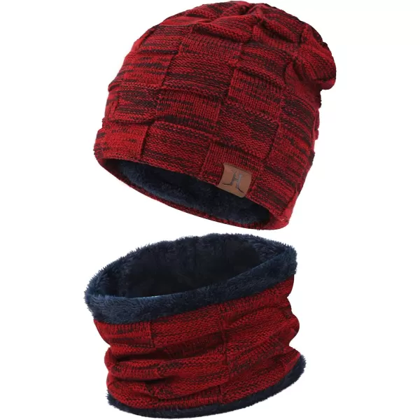 FZ FANTASTIC ZONE Mens Winter Beanie Hats Scarf Set Warm Knit Skull Cap Neck Warmer with Fleece Lined Winter Hat for WomenWine Red