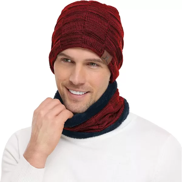 FZ FANTASTIC ZONE Mens Winter Beanie Hats Scarf Set Warm Knit Skull Cap Neck Warmer with Fleece Lined Winter Hat for WomenWine Red