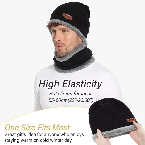 FZ FANTASTIC ZONE Mens Womens Winter Beanie Hat Scarf Set Warm Knit Thick Fleece Lined Skull Cap Neck Warmer for Men WomenD Black