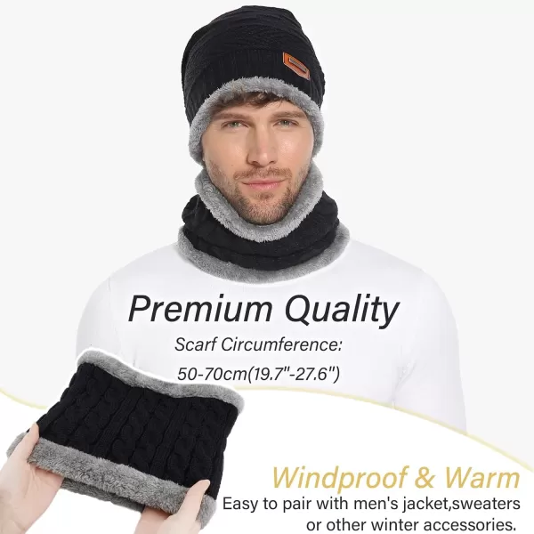 FZ FANTASTIC ZONE Mens Womens Winter Beanie Hat Scarf Set Warm Knit Thick Fleece Lined Skull Cap Neck Warmer for Men WomenD Black