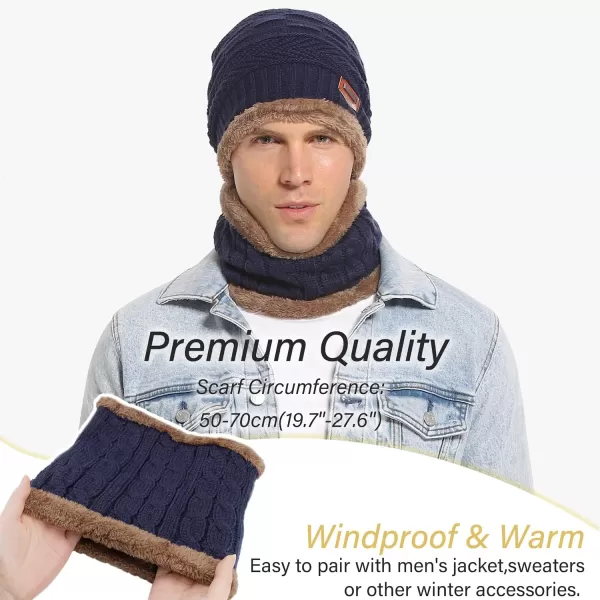 FZ FANTASTIC ZONE Mens Womens Winter Beanie Hat Scarf Set Warm Knit Thick Fleece Lined Skull Cap Neck Warmer for Men WomenD Navy Blue