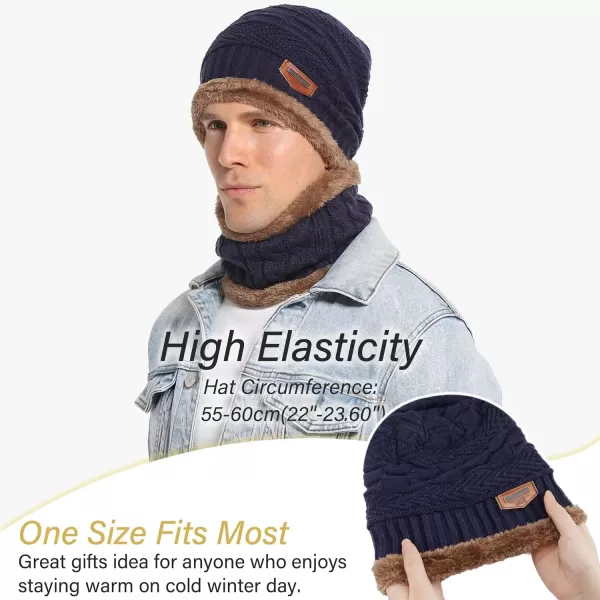 FZ FANTASTIC ZONE Mens Womens Winter Beanie Hat Scarf Set Warm Knit Thick Fleece Lined Skull Cap Neck Warmer for Men WomenD Navy Blue