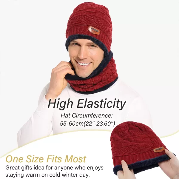 FZ FANTASTIC ZONE Mens Womens Winter Beanie Hat Scarf Set Warm Knit Thick Fleece Lined Skull Cap Neck Warmer for Men WomenD Red