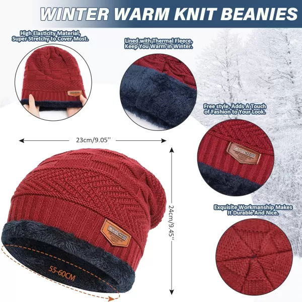FZ FANTASTIC ZONE Mens Womens Winter Beanie Hat Scarf Set Warm Knit Thick Fleece Lined Skull Cap Neck Warmer for Men WomenD Red