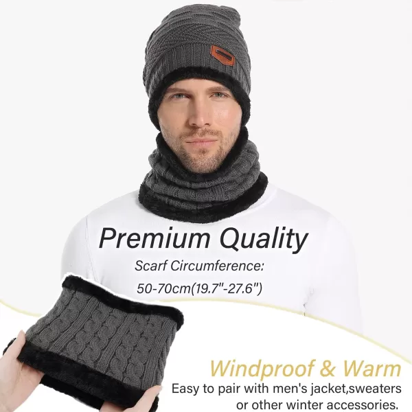 FZ FANTASTIC ZONE Mens Womens Winter Beanie Hat Scarf Set Warm Knit Thick Fleece Lined Skull Cap Neck Warmer for Men WomenDark Grey