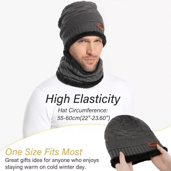 FZ FANTASTIC ZONE Mens Womens Winter Beanie Hat Scarf Set Warm Knit Thick Fleece Lined Skull Cap Neck Warmer for Men WomenDark Grey
