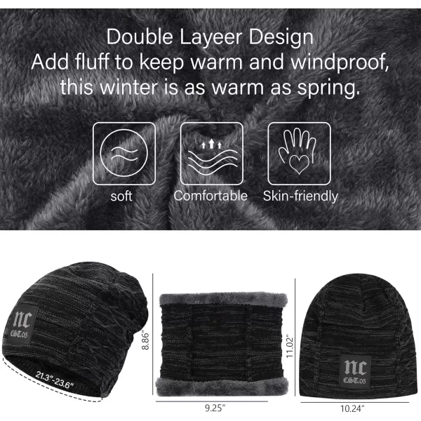 FZ FANTASTIC ZONE Mens Womens Winter Beanie Hat Scarf Set Warm Knit Thick Fleece Lined Skull Cap Neck Warmer for Men WomenNc Black