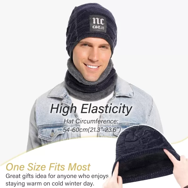 FZ FANTASTIC ZONE Mens Womens Winter Beanie Hat Scarf Set Warm Knit Thick Fleece Lined Skull Cap Neck Warmer for Men WomenNc Blue