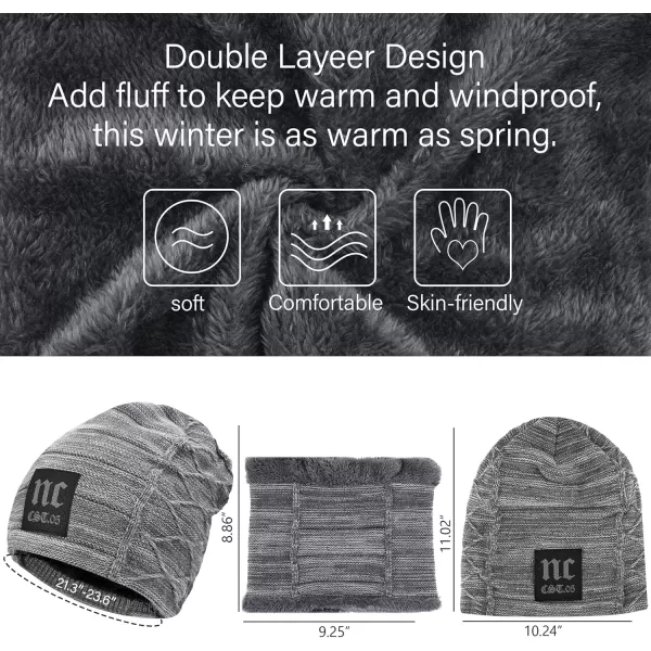FZ FANTASTIC ZONE Mens Womens Winter Beanie Hat Scarf Set Warm Knit Thick Fleece Lined Skull Cap Neck Warmer for Men WomenNc Grey