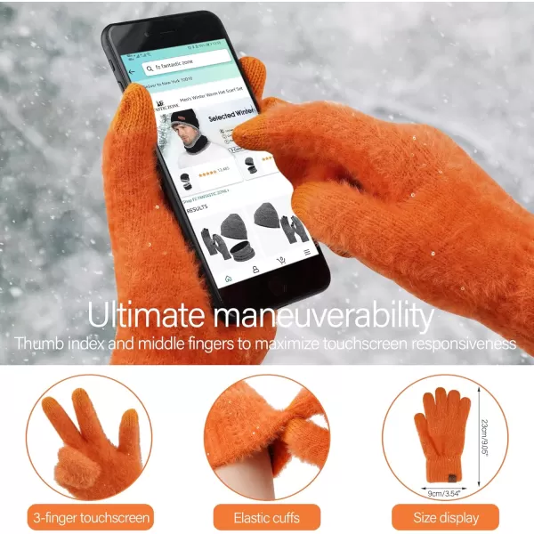 FZ FANTASTIC ZONE Womens Winter Warm Knit Beanie Hats and Touchscreen Gloves Long Scarf Sets with Sequins Thick Fleece LinedOrange