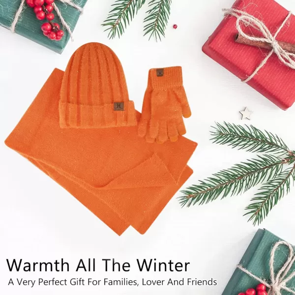 FZ FANTASTIC ZONE Womens Winter Warm Knit Beanie Hats and Touchscreen Gloves Long Scarf Sets with Sequins Thick Fleece LinedOrange