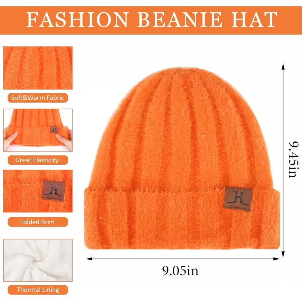 FZ FANTASTIC ZONE Womens Winter Warm Knit Beanie Hats and Touchscreen Gloves Long Scarf Sets with Sequins Thick Fleece LinedOrange