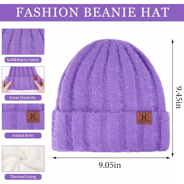 FZ FANTASTIC ZONE Womens Winter Warm Knit Beanie Hats and Touchscreen Gloves Long Scarf Sets with Sequins Thick Fleece LinedPurple
