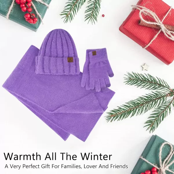FZ FANTASTIC ZONE Womens Winter Warm Knit Beanie Hats and Touchscreen Gloves Long Scarf Sets with Sequins Thick Fleece LinedPurple