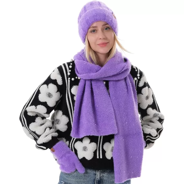 FZ FANTASTIC ZONE Womens Winter Warm Knit Beanie Hats and Touchscreen Gloves Long Scarf Sets with Sequins Thick Fleece LinedPurple