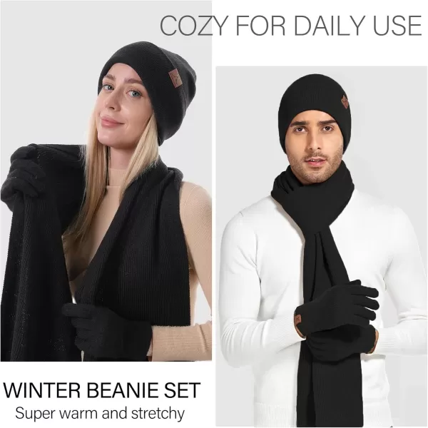 Mens Womens Winter Warm Beanie Hats Long Neck Scarf Touchscreen Gloves Set Knit Skull Caps Scarves Gifts for Women MenBlack
